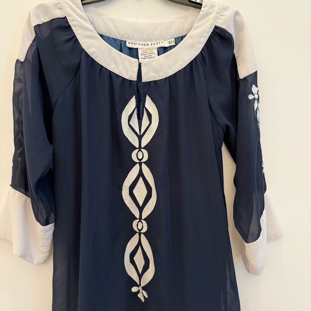 Gretchen Scott Navy & White Embroidered Loose fitting Dress Medium - Picture 4 of 12